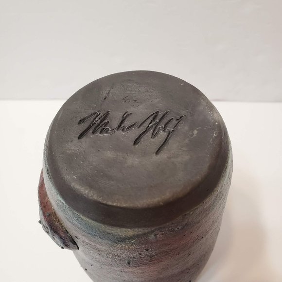 Iridescent Metallic Raku Pottery Vase, Signed - Picture 4 of 11